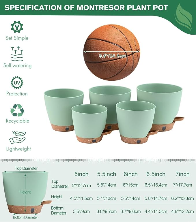 montresor 5 Pack Green 5/5.5/6/6.5/7 Inch Self Watering Planters - Image 4