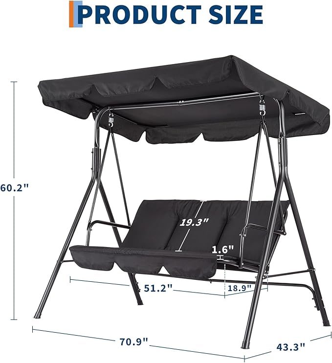 Porch Swing Chair with Adjustable Canopy - Image 7