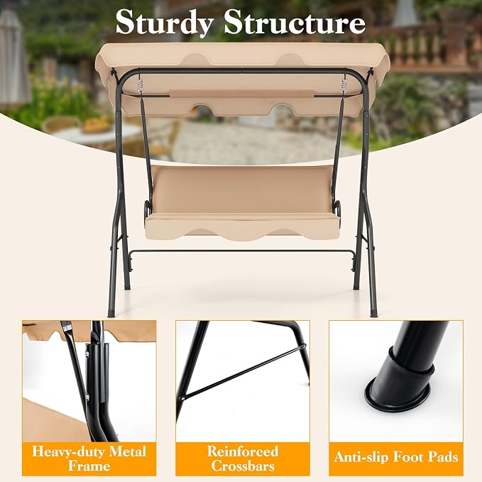 Porch Swing Outdoor, 3 Person Patio Swing w/Removable Cushion, Stand & - Image 5