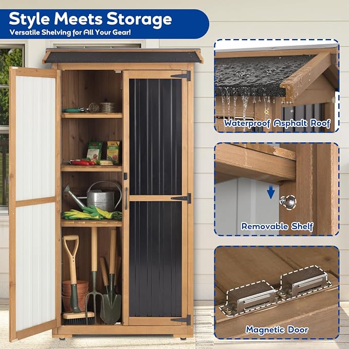 Outdoor Storage Cabinet Weather-Resistant, Wood & Metal Storage Shed - Image 5