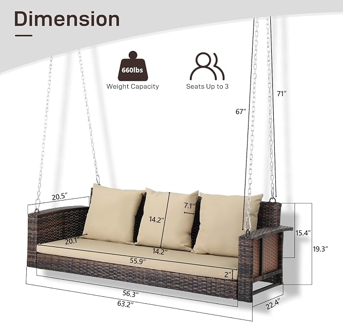 Outvita Porch Swing, 5FT Hanging Outdoor Porch Swings - Image 3