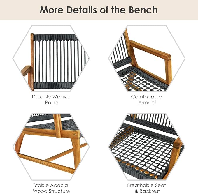 Tangkula 2-Person Patio Acacia Wood Bench Loveseat, Outdoor Patio Rope Bench in - Image 7