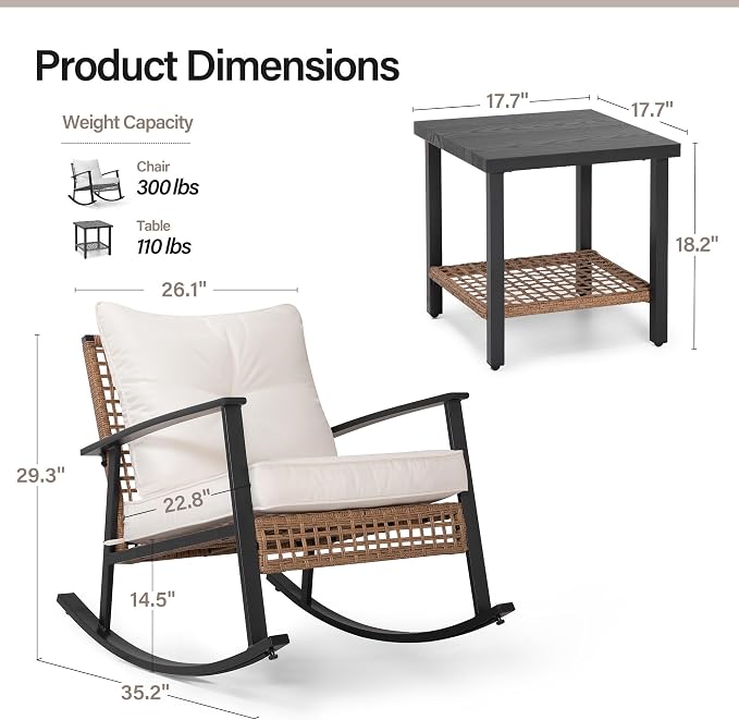 LAUSAINT HOME 3-Piece Rocking Bistro Set, Outdoor Patio Furniture - Image 6