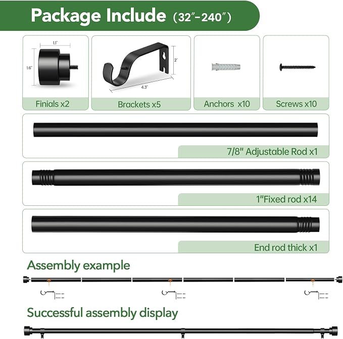 Time Forest Curtain Rods for Windows 32 to 240, 1 Inch Adjustable Black Heavy - Image 6