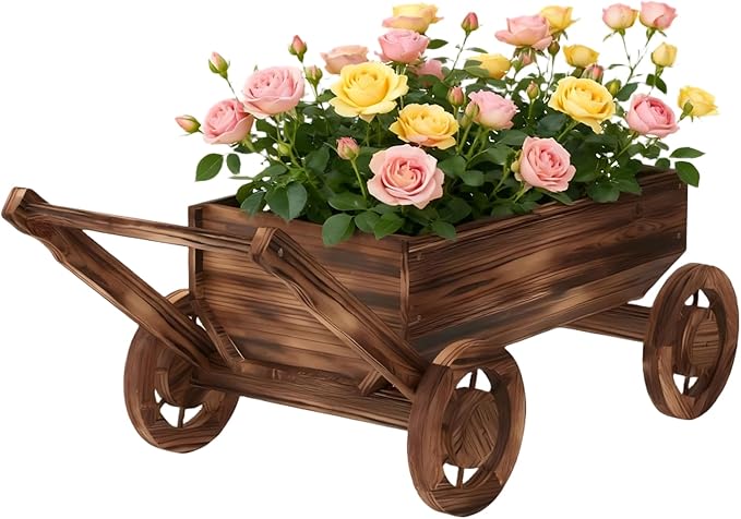 Wooden Flower Cart with Wheels Wooden Wagon Planter Outdoor Garden Planter by Dawnyard