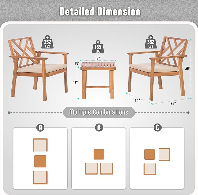 3 Piece Outdoor Patio Furniture Set, Wooden Conversation Patio Set - Image 6