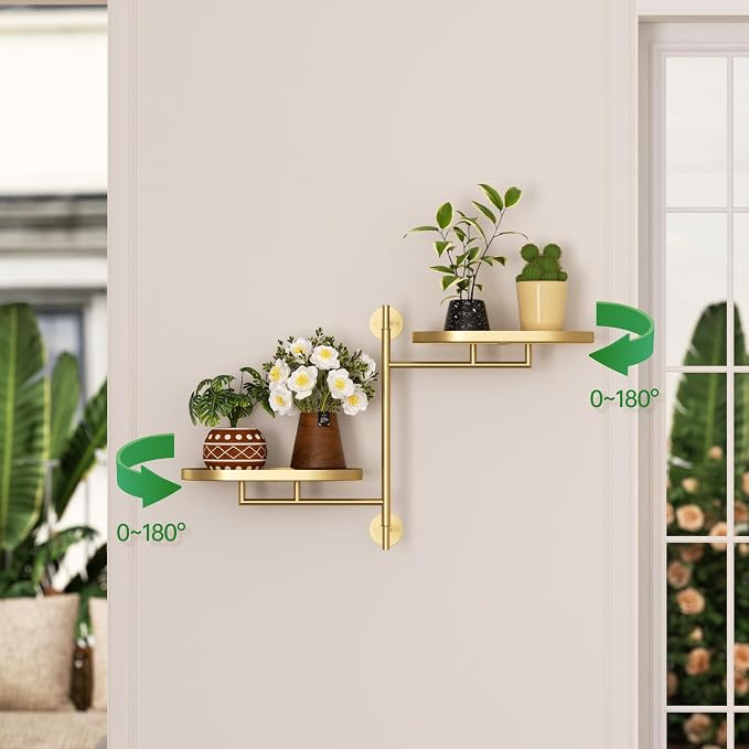 Window Rotating Plant Stand Shelf Indoor Gold Metal Floating Shelves 2-Tier - Image 7