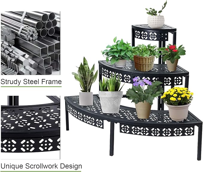 aboxoo 3 Tier Plant Stand Flower Pot Rack, Metal Stair-Step Style Corner Shelf - Image 6