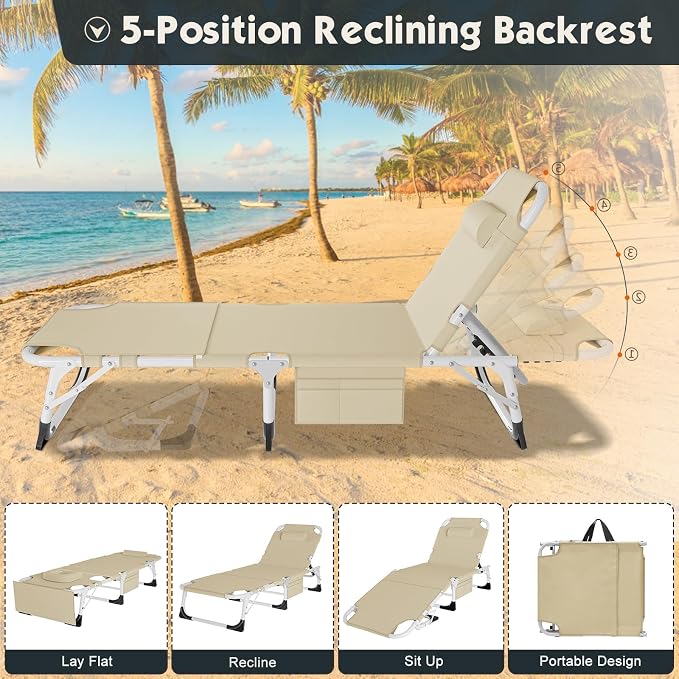 MOPHOTO Beach Lounge Chair, 5-Position Adjustable Tanning Chair - Image 6