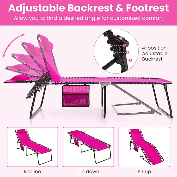 GYMAX Lounge Chairs for Outside, Extra High Folding Beach Tanning Lounger - Image 4