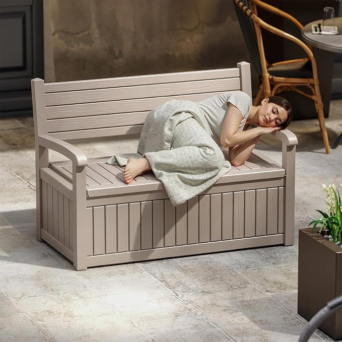 EasyUp 80 Gallon Wood Grain Style Outdoor Storage Bench, Waterproof and - Image 2