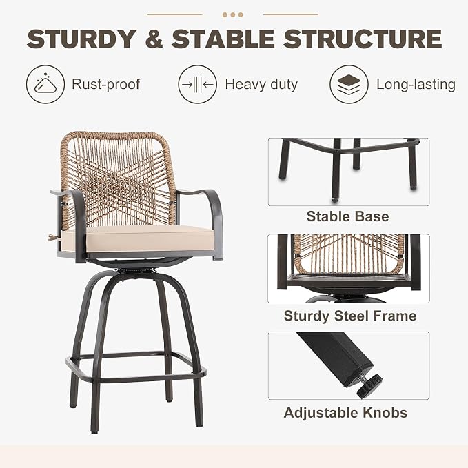 Patio Swivel Bar Stools Set of 6, Outdoor Rattan Height Bar Patio Swivel Chairs - Image 6