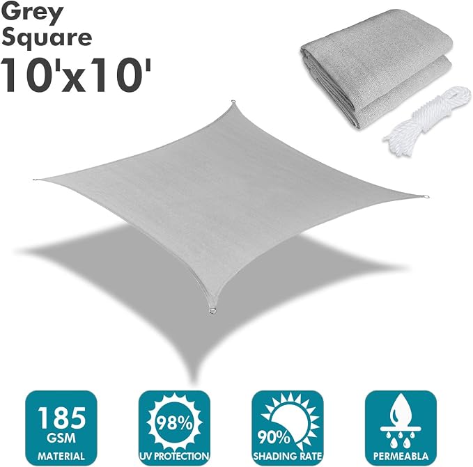 KANAGAWA Sun Shade Sail 10'x10' Gray Square UV Block Canopy Awning Shelter - Image 2