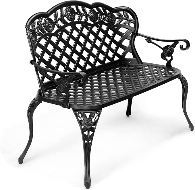 VINGLI 42.5" Outdoor Bench, Antique Cast Aluminum Front Porch Bench Metal by VINGLI