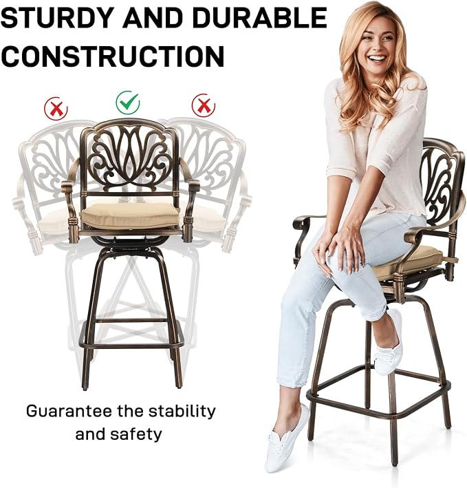 VINGLI 3 Piece Outdoor Bar Set, Cast Aluminum Outdoor Swivel Bar Stools and - Image 4