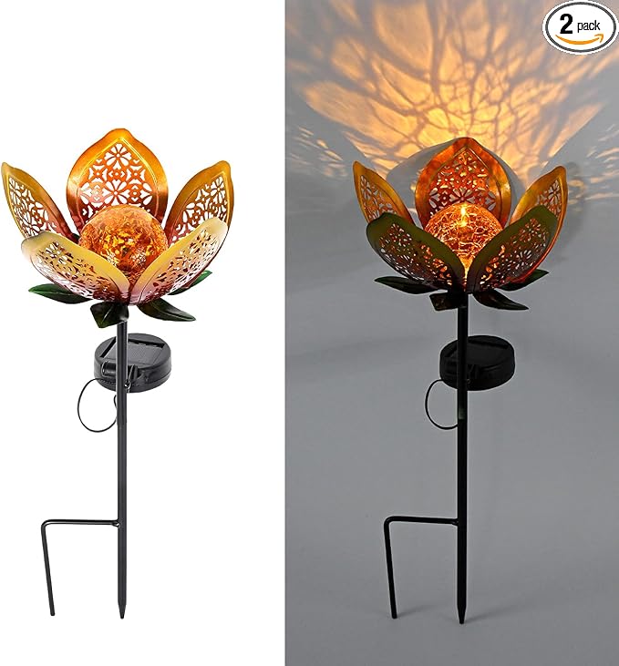 2Pack Solar Lights Outdoor Garden Decor, LED Lotus Flower Lamp, Metal Tulip by YMTengFei
