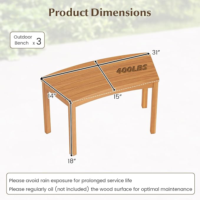 Tangkula Acacia Wood Outdoor Curved Bench Set of 3, Patio Garden Backless Fire - Image 2