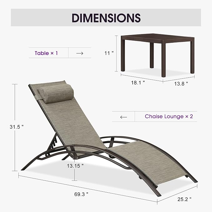 PURPLE LEAF Outdoor Chaise Lounge Chair Set of 3 Patio Pool Lounger Bronze - Image 2