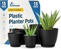 Black Plant Pots with Drainage Holes & Saucers 15 Pack, Indoor & Outdoor by LIFEMASTER