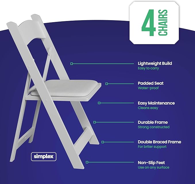 SIMPLEX 4 White Folding Chairs – Resin Stackable Foldable Chairs - Image 2