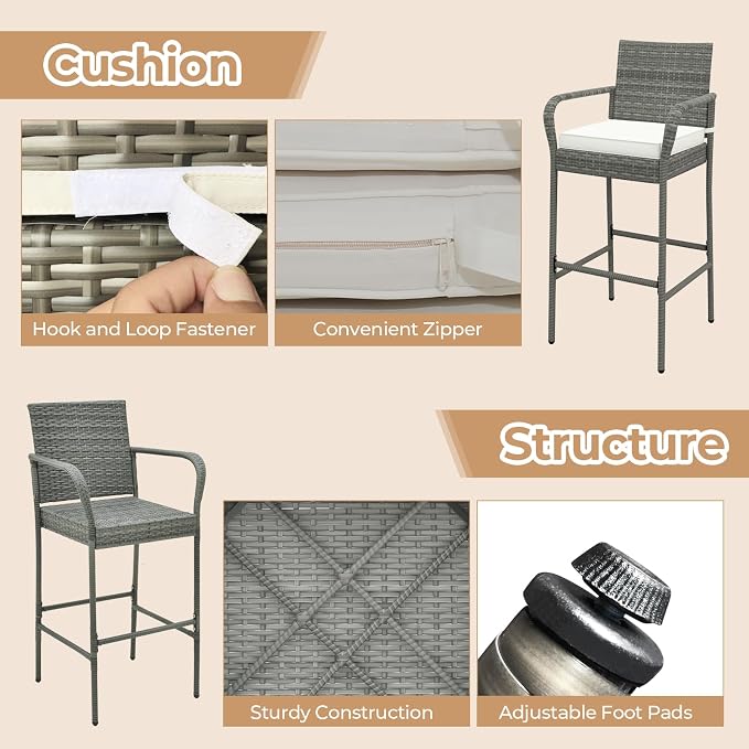 COSTWAY Wicker Bar Stools Set of 4, Patio Bar Height Chairs - Image 5