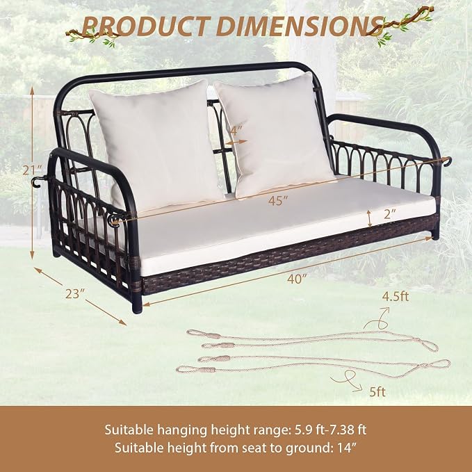 Tangkula Outdoor Wicker Porch Swing, 2-Person Hanging Seat - Image 4