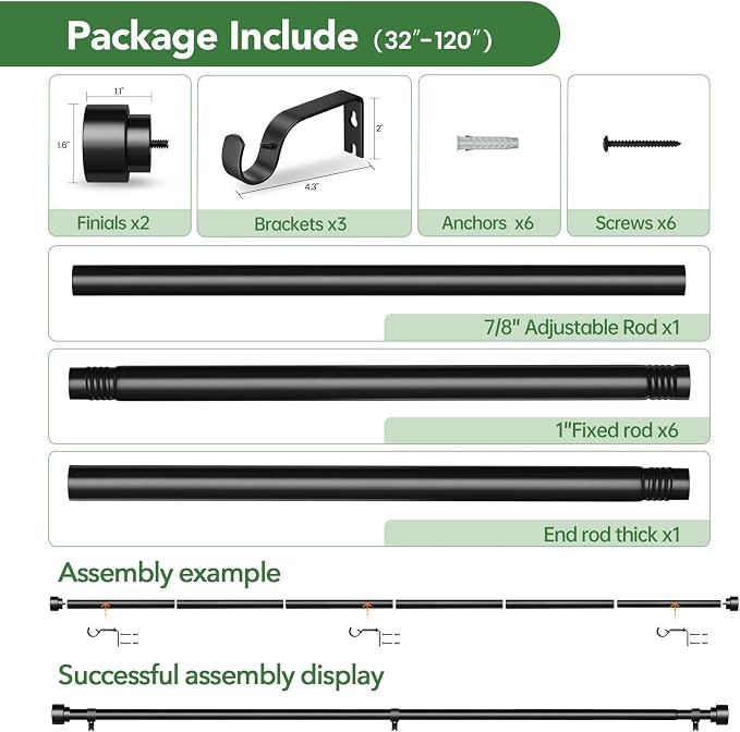 2 Pack Curtain Rods for Windows 66 to 120, 1 Inch Black Adjustable Heavy Duty - Image 6