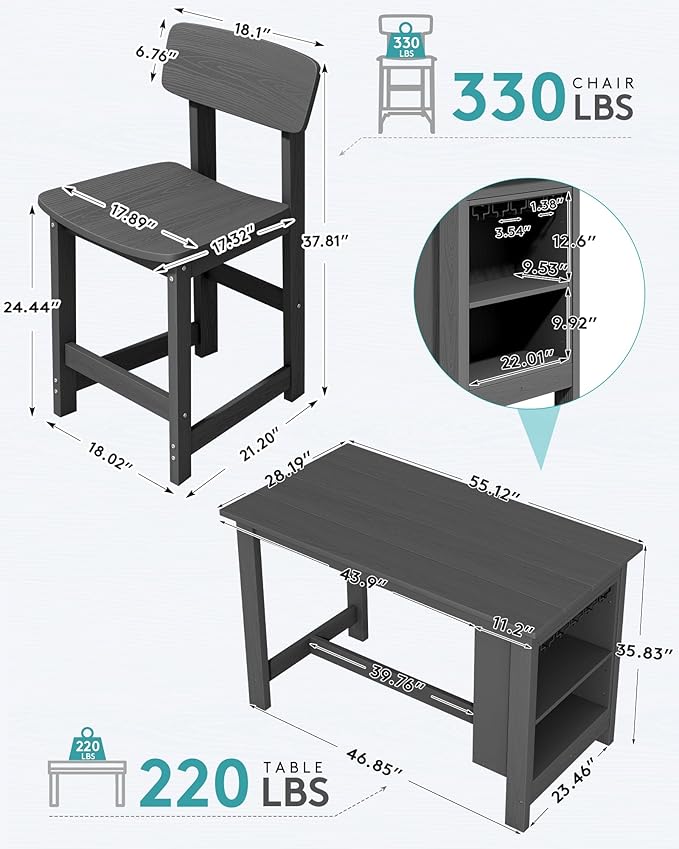 SERWALL 3-Piece Outdoor Counter Height Bar Set, HDPE Patio Bar Table - Image 3