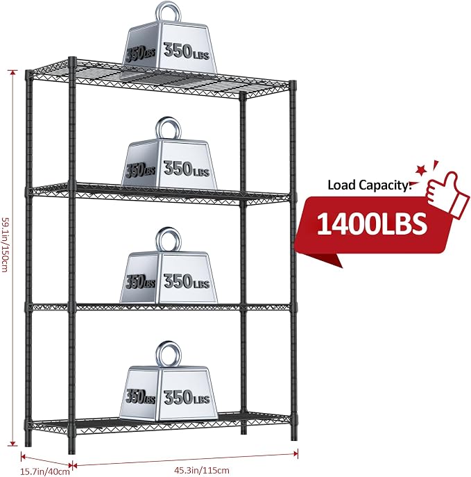 IZEUK 1400 LBS Garage Black Shelving Wide Storage Shelves 4 Tier Adjustable - Image 3