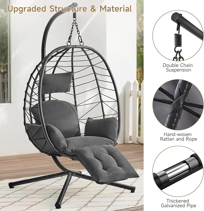 ONBRILL Hanging Egg Chair with Adjustable Footrest & Stand, Wicker Rattan Swing - Image 7