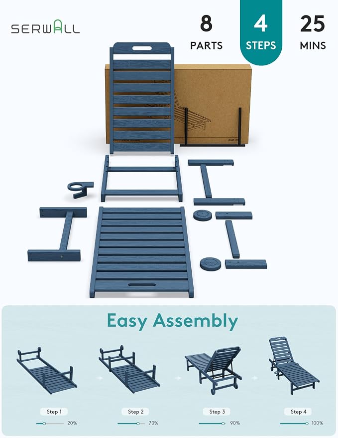 SERWALL Patio Chaise Lounge Chair Set of 4, HDPE Outdoor Lounge Chair - Image 9
