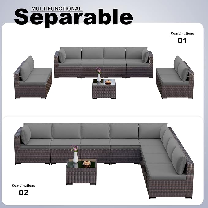 Kullavik 9 Pieces Outdoor Patio Furniture Set, Outdoor Sectional Rattan Sofa - Image 5