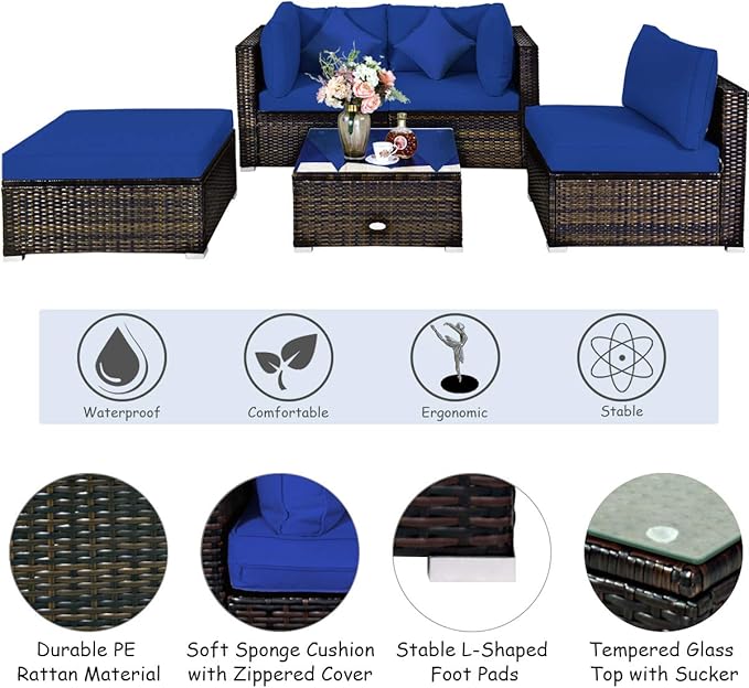 Tangkula 5 Pieces Patio Rattan Furniture Set, Outdoor Sectional Rattan Sofa Set - Image 6