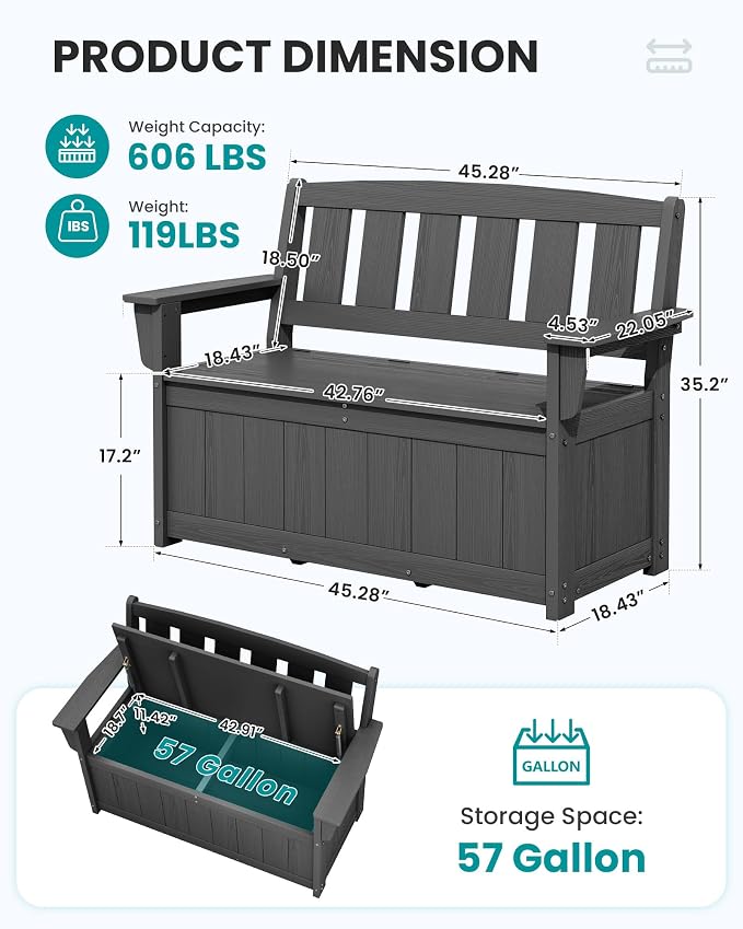SERWALL HDPE Outdoor Storage Bench, All-Weather, UV-Resistant Deck Box - Image 3