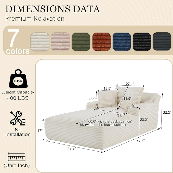 80 Inch Chaise Lounge Chair Indoor, Oversized Corduroy Upholstered Boneless - Image 2