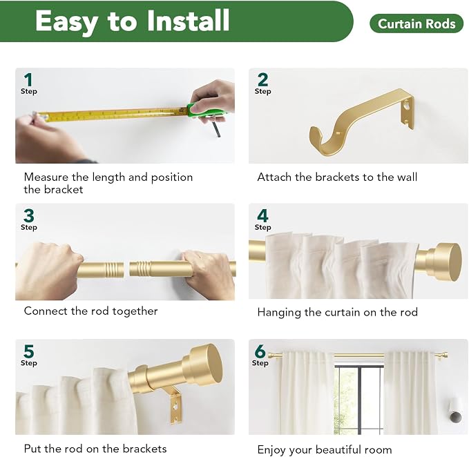 Curtain Rods for Windows 72 to 144, 1 Inch Adjustable Gold Heavy Duty Long - Image 9