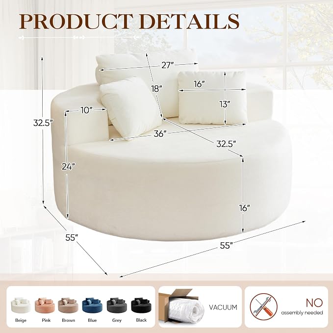 Antetek Oversized Round Chaise Longue Chair Indoor, Modern 55-inch Upholstered - Image 2