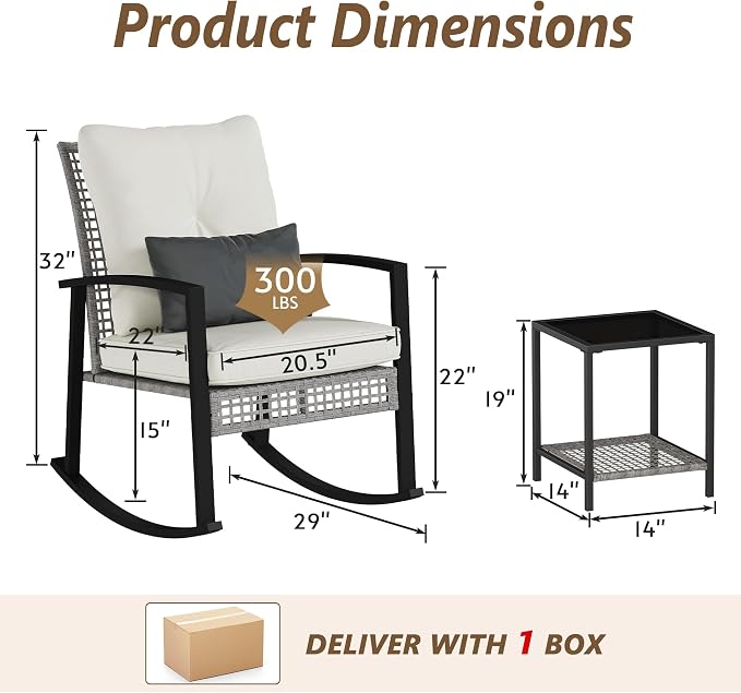 3 Piece Patio Rocking Chairs Set of 2, Outdoor Rocking Chair Bistro Set - Image 2