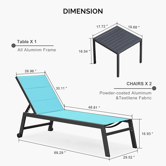 PURPLE LEAF Extra Large Outdoor Chaise Lounge 2 Pieces Aluminum Patio Lounge - Image 9