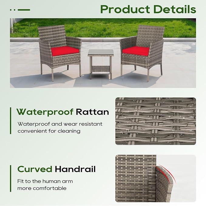 FDW | 3-Piece Patio Furniture Set | Gray & Red | Outdoor Wicker Furniture - Image 3