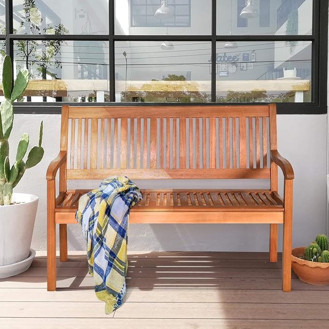 COSTWAY Wooden Bench Outdoor, Curved Armrest & Backrest, Sturdy Outdoor Wood - Image 6