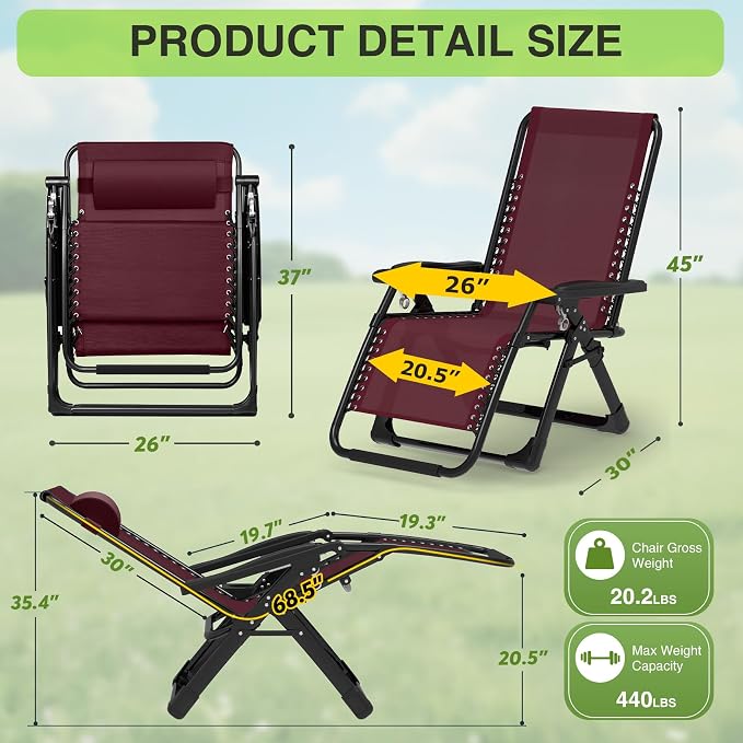 Suteck Zero Gravity Chair, Reclining Camping Lounge Chair w/Removable Cushion - Image 2