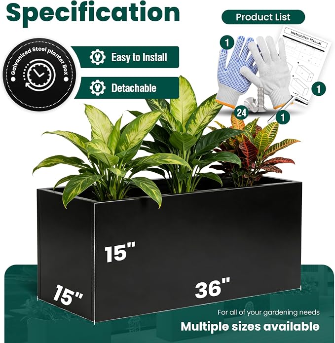 Metal Rectangular Planter Black Galvanized Steel Rectangle Planter Box 36" L x - Image 3