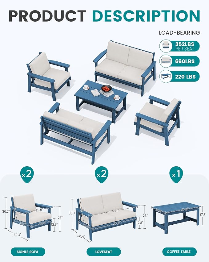 SERWALL HDPE Patio Furniture Set, 5 Piece All Weather Wood-Like Sectional - Image 2