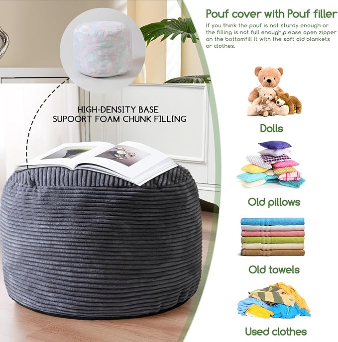 HIGOGOGO Round Stuffed Pouf Ottoman, Corduroy Poufs - Image 4