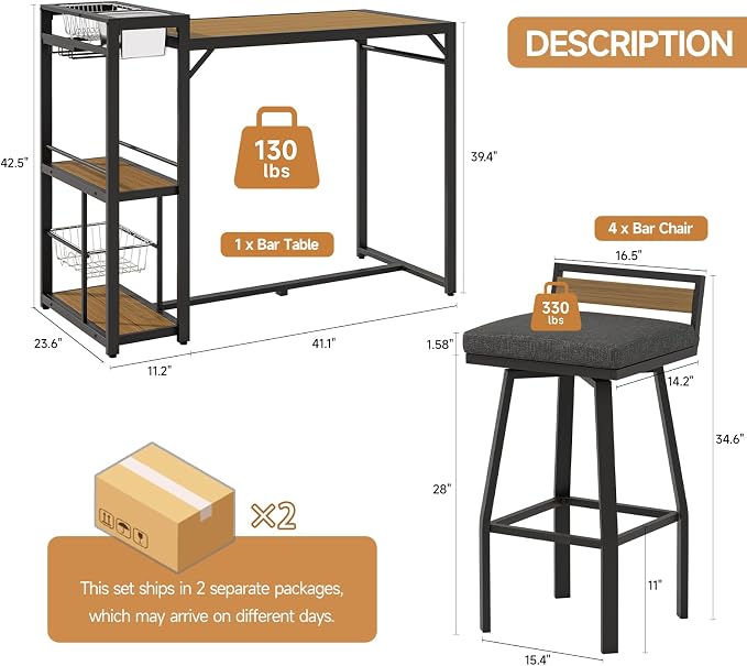 ONBRILL 5-Piece Outdoor Patio Bar Set, Outdoor Bar Table and Chairs Set - Image 3