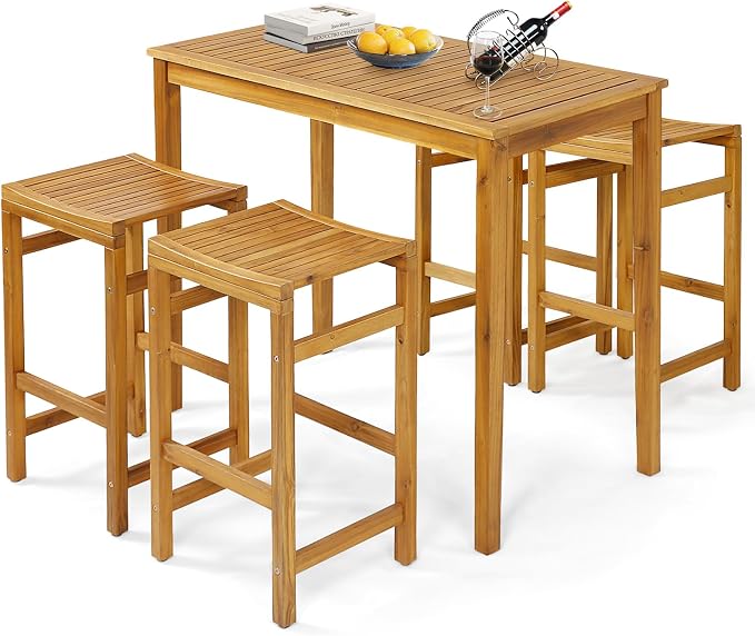 Tangkula 5 Piece Outdoor Acacia Wood Bar Table Set, Space-Saving Patio Dining by TANGKULA