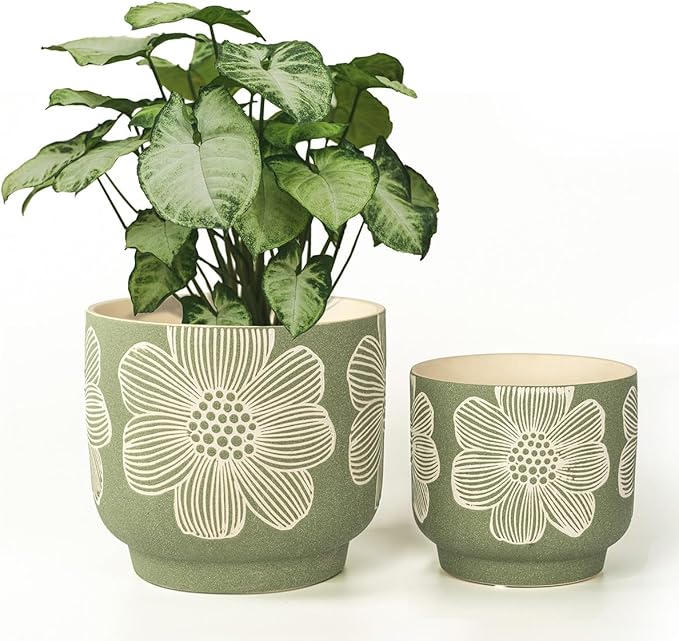 YBX 8 Inch + 6 Inch White Flower Pattern Plant Pots, Sand Glazed Ceramic Planter by YBXYIBOXUAN