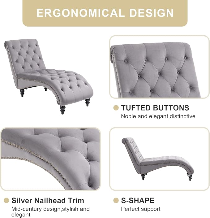 Chaise Lounge Indoor, Velvet Upholstered Lounge Chair Button-Tufted Armless - Image 4
