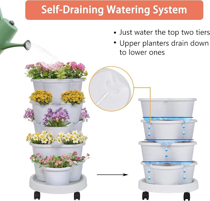 VECELO 5 Tier Vertical Garden Planter, Self Watering Stackable Planters - Image 3